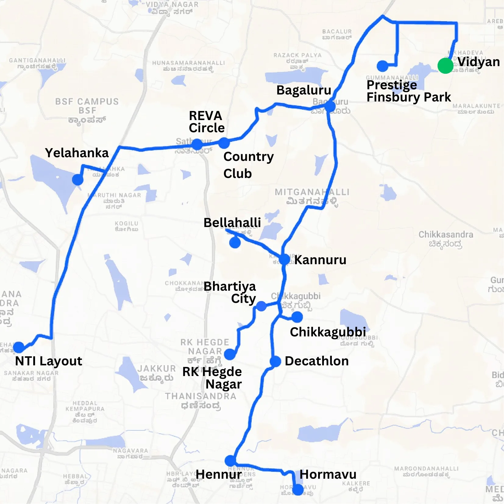 Vidyān Earth School bus routes across North Bangalore, from Yelahanka and Hennur to Bagalur